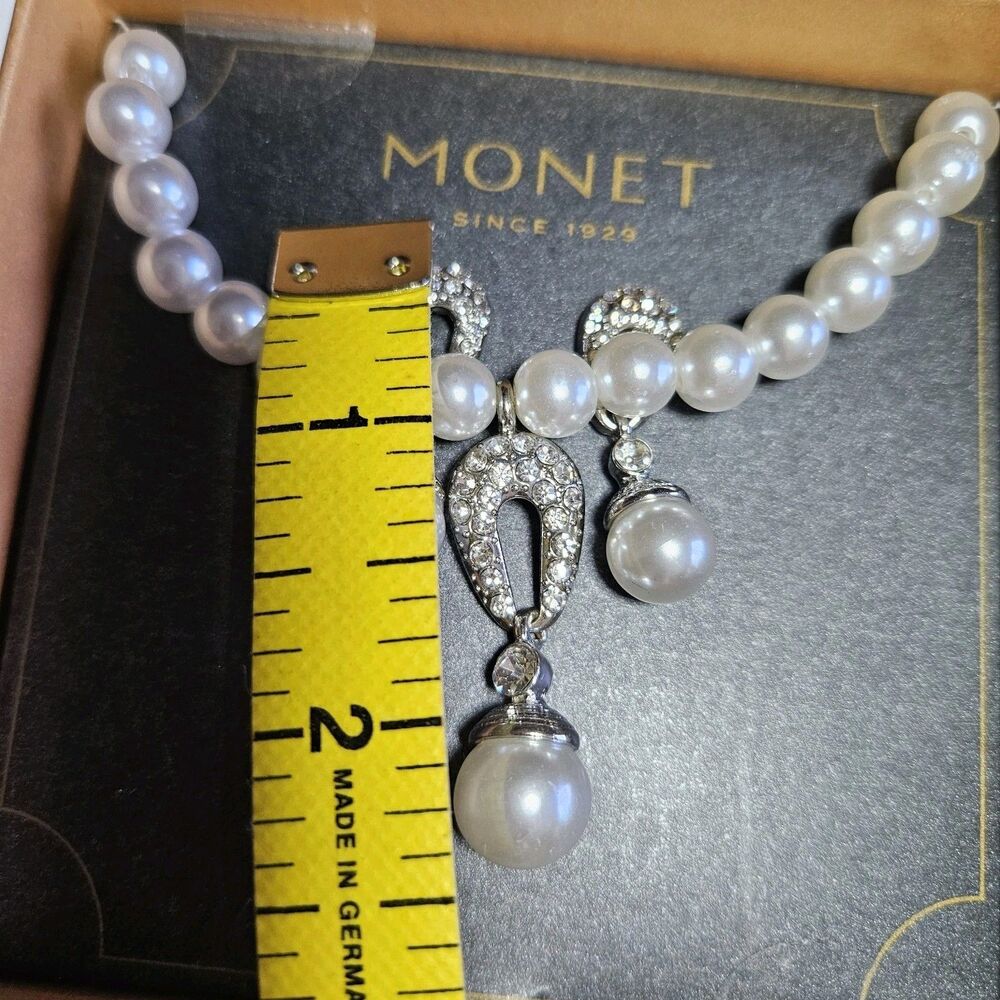 **Last Chance!! Final Sale** Monet Faux Pearl Crystal Necklace Earring Set NIB - Picture 7 of 15